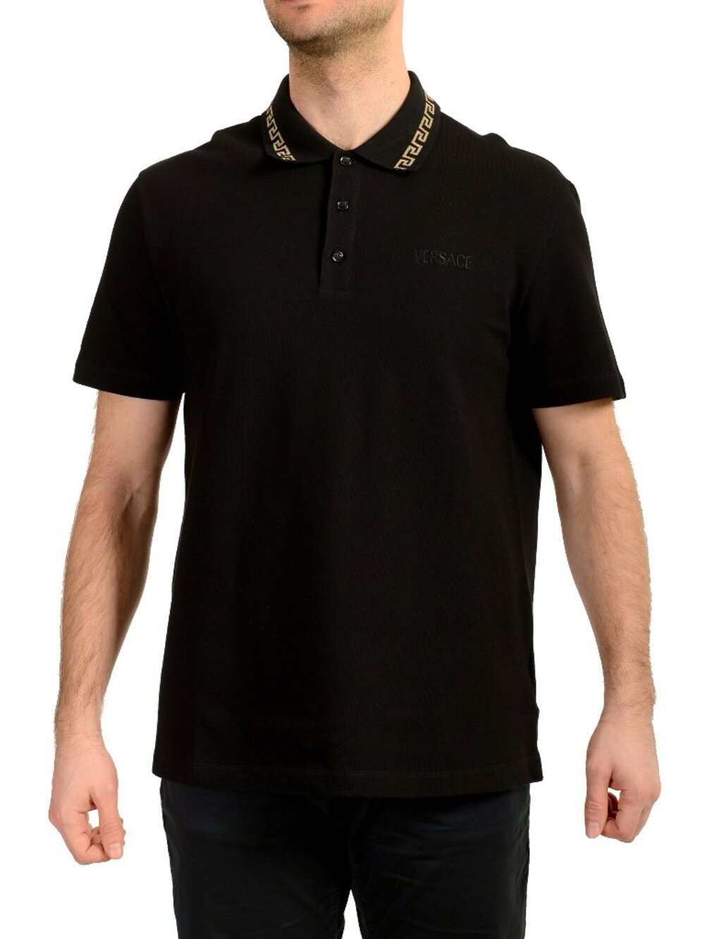 Versace Men's Gold Embroidery Black Short Sleeve Polo Shirt US 5XL IT 62
